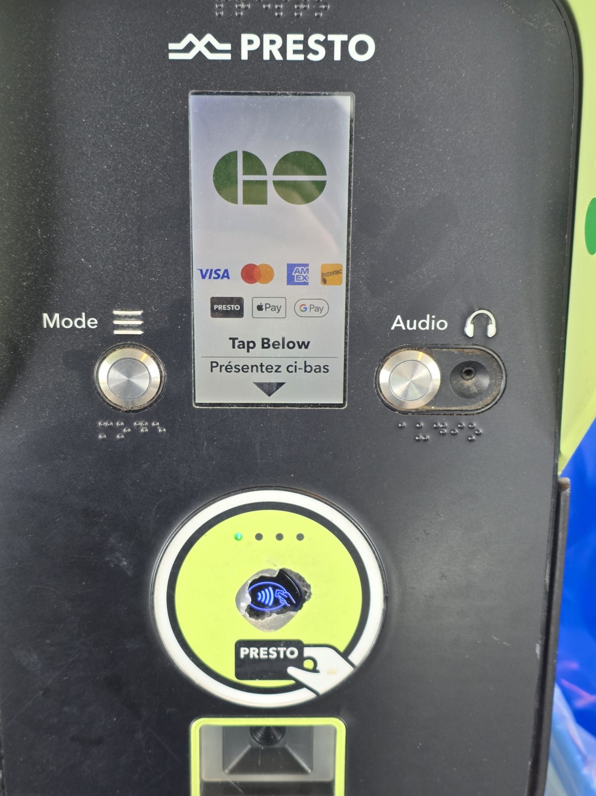 Presto card reader at Bronte GO Station