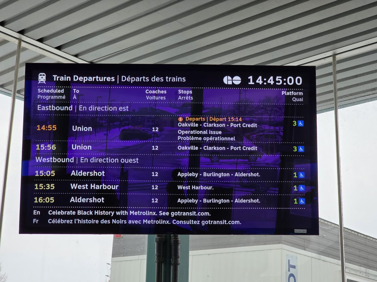Bronte GO train departure information board