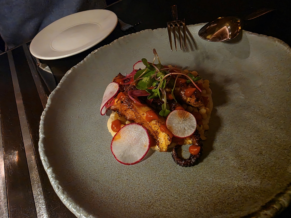 Beautifully plated grilled octopus appetizer with radishes and purees
