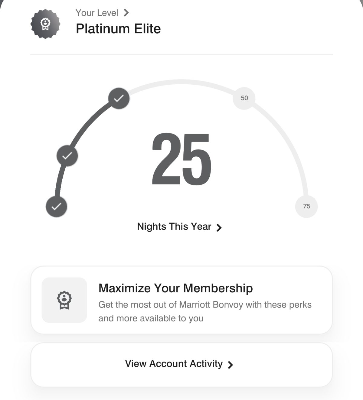 Marriott Bonvoy Platinum Elite benefit showing 25 elite night credits