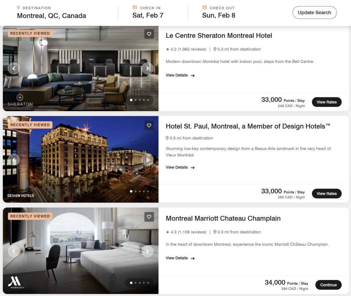 Marriott points vs cash comparison Montreal Chateau Champlain 34000 points or 284 CAD