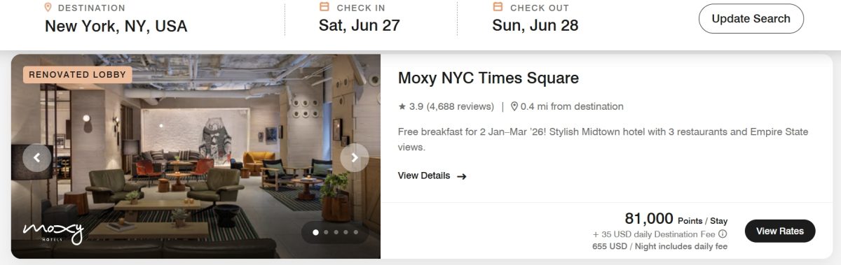 Marriott Bonvoy Free Night Award redemption example in New York