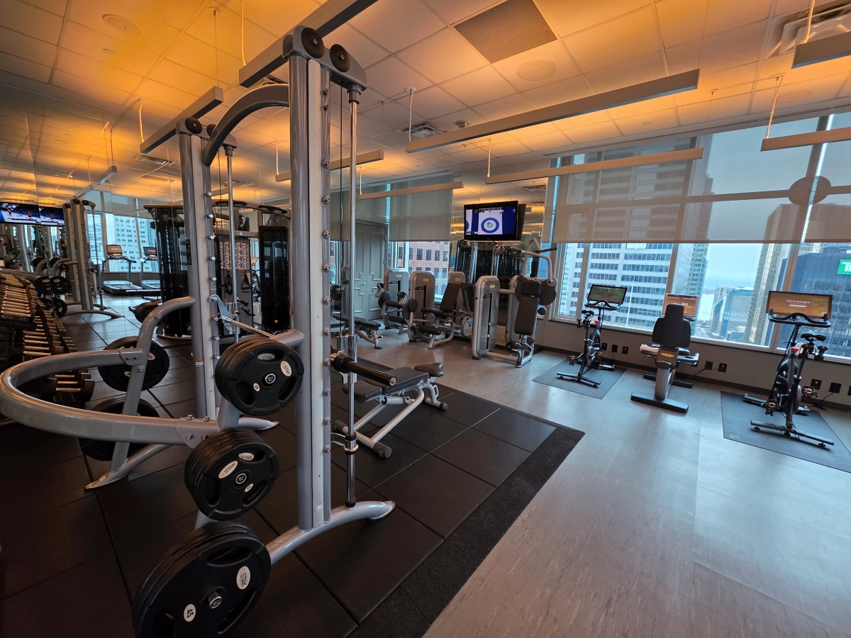 State-of-the-art hotel fitness center with cardio and weight equipment
