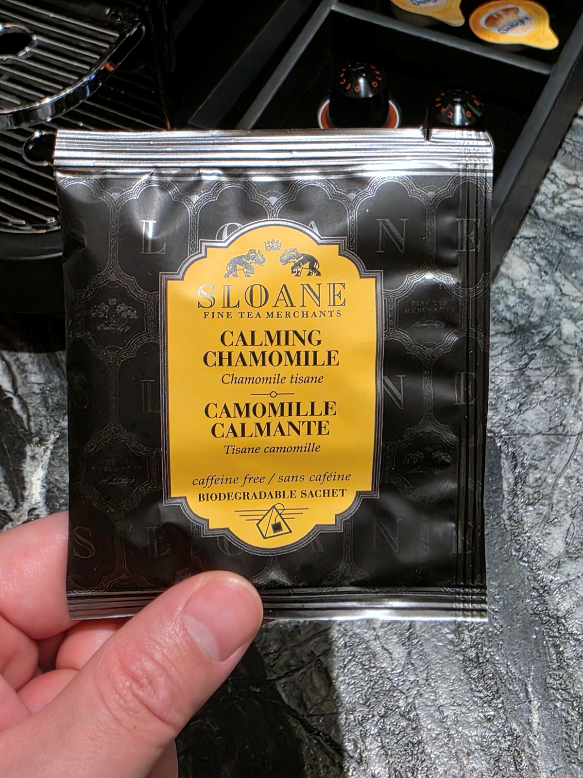 A packet of Sloane Fine Tea Merchants calming chamomile tea