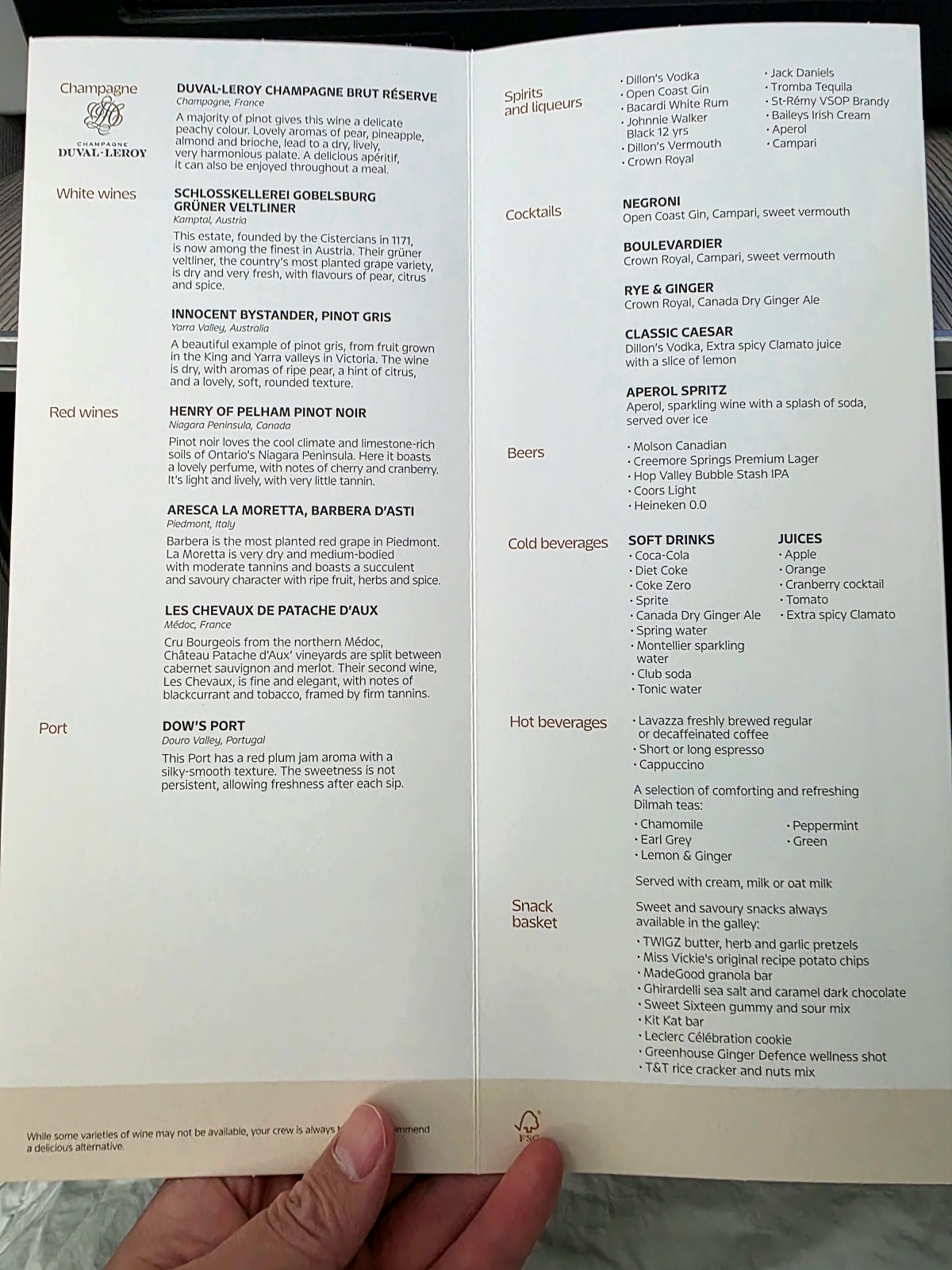 Air Canada 787 Business Class wine list and champagne selection