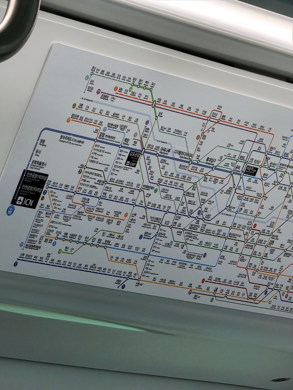 Detailed route map of the Seoul metropolitan subway system inside the AREX train