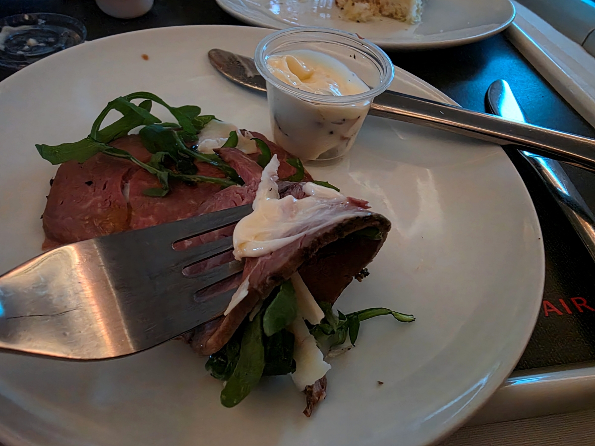 Beef carpaccio appetizer in Air Canada Business Class