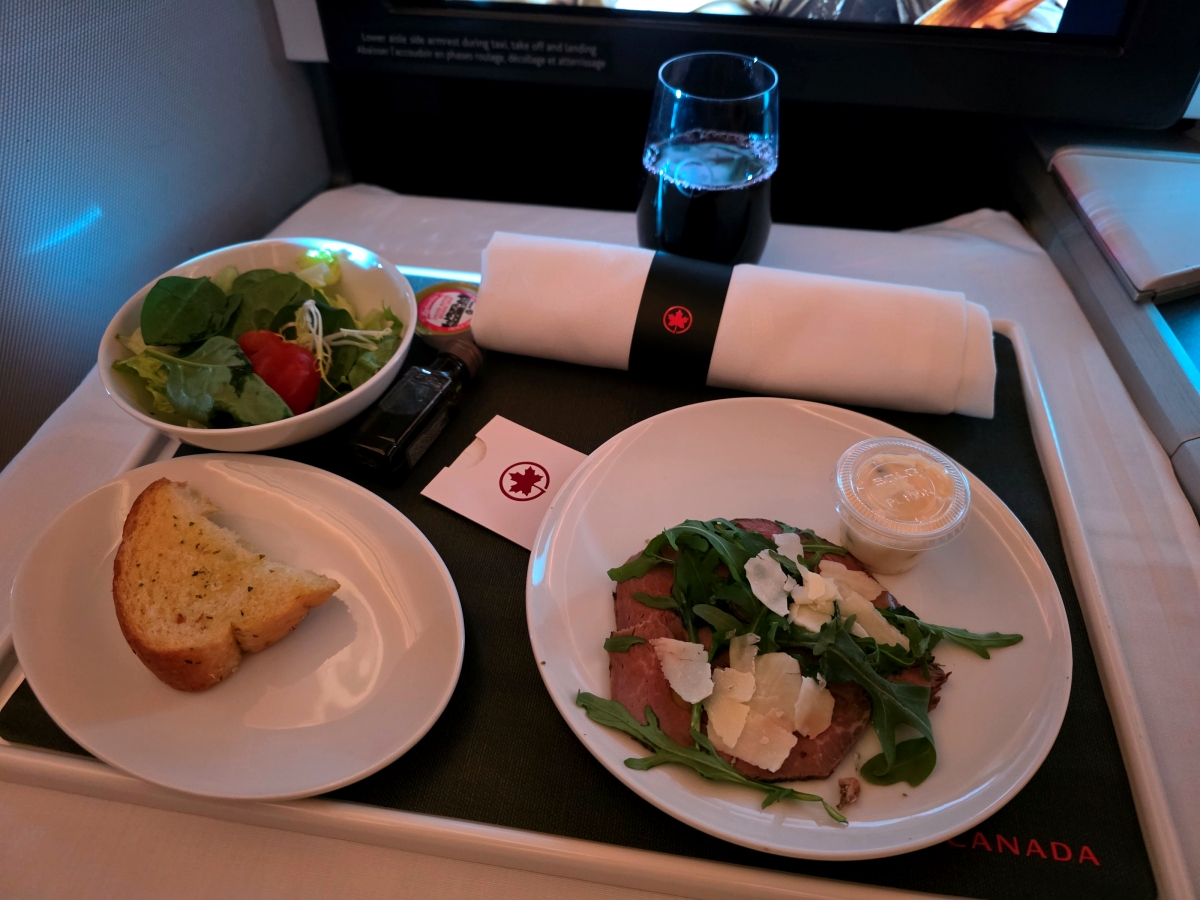 Air Canada Business Class beef carpaccio appetizer