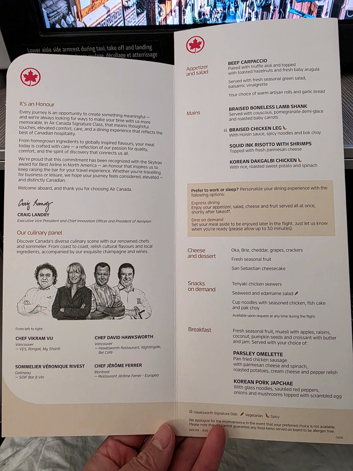 Air Canada 787 Business Class dining menu main course selection