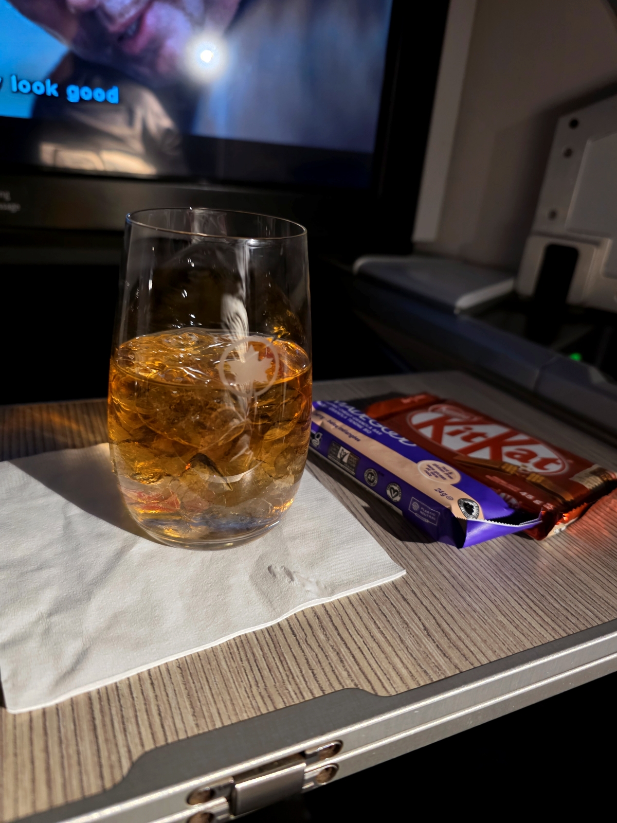Air Canada Business Class whiskey and chocolate snack service