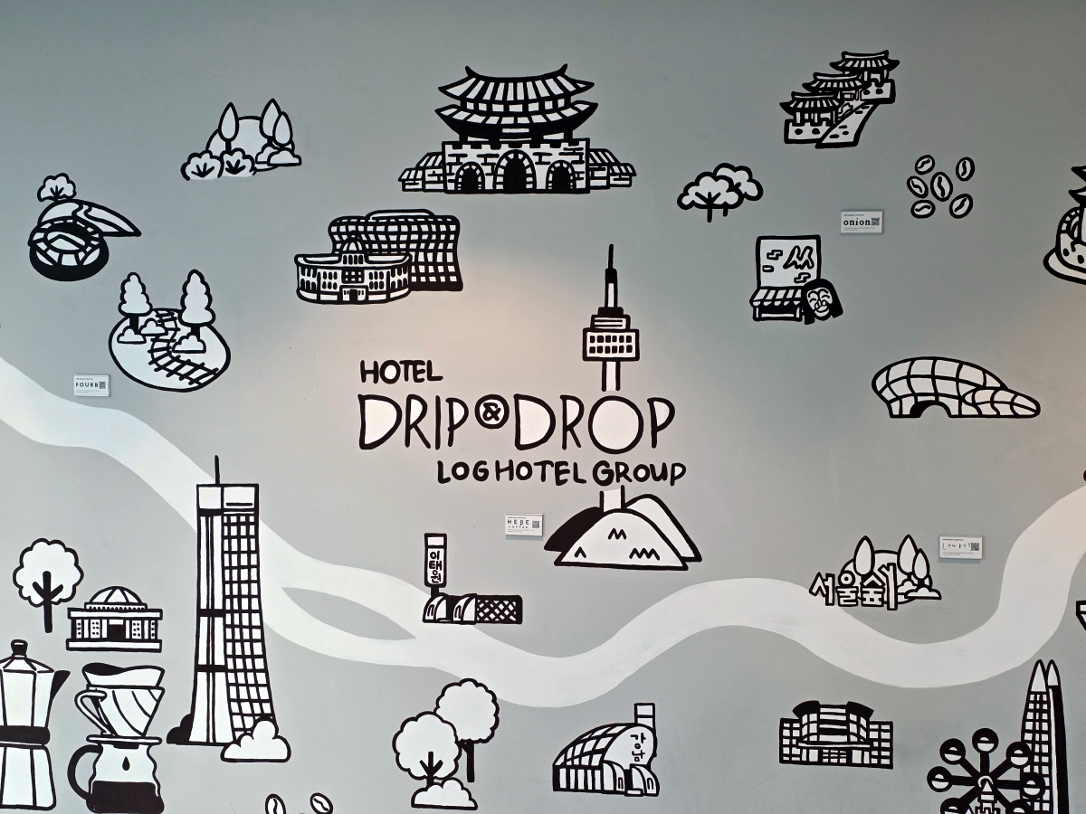 wall illustration at drip drop myeongdong capsule hotel lounge