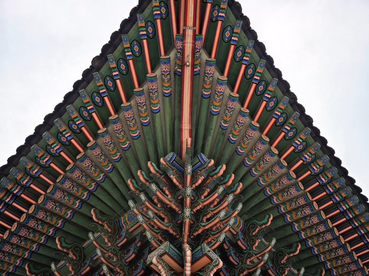 Dancheong traditional Korean colorful patterns on palace roof eaves