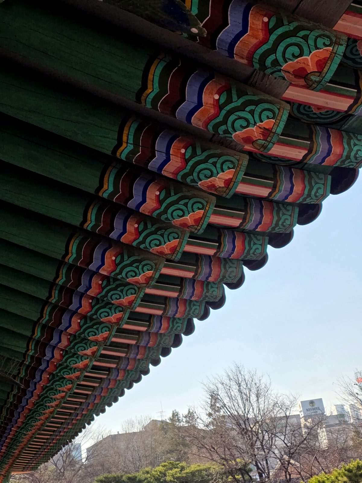 Colorful Dancheong patterns on Korean wooden architecture