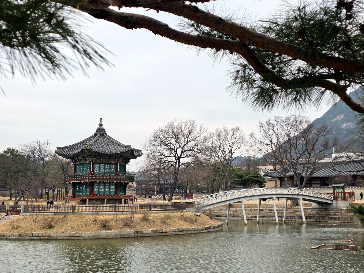 Hyangwonjeong Pavilion surrounded by water in the northern palace garden
