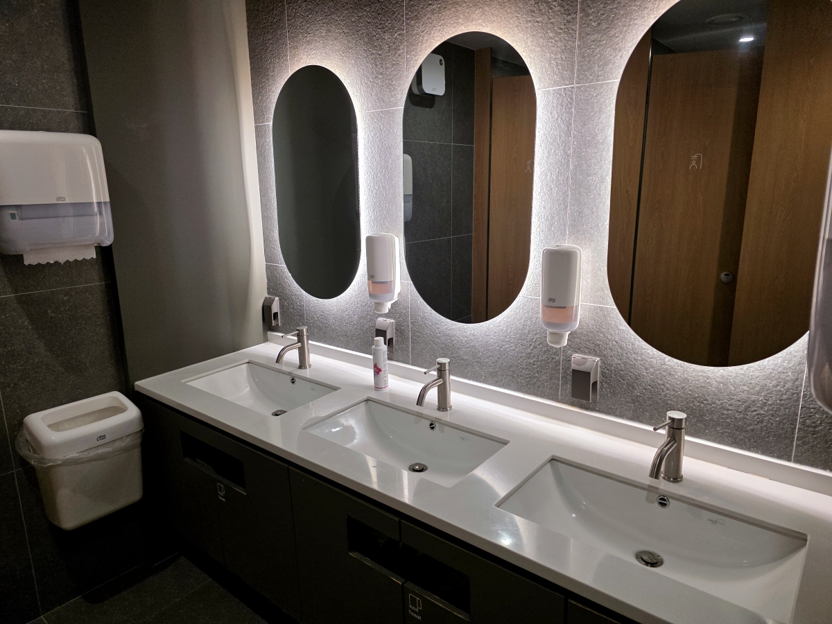 bathroom sink area at myeongdong capsule hotel