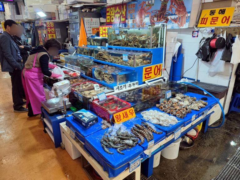 Various seafood including king prawns king crab abalone at Seoul fish market Noryangjin