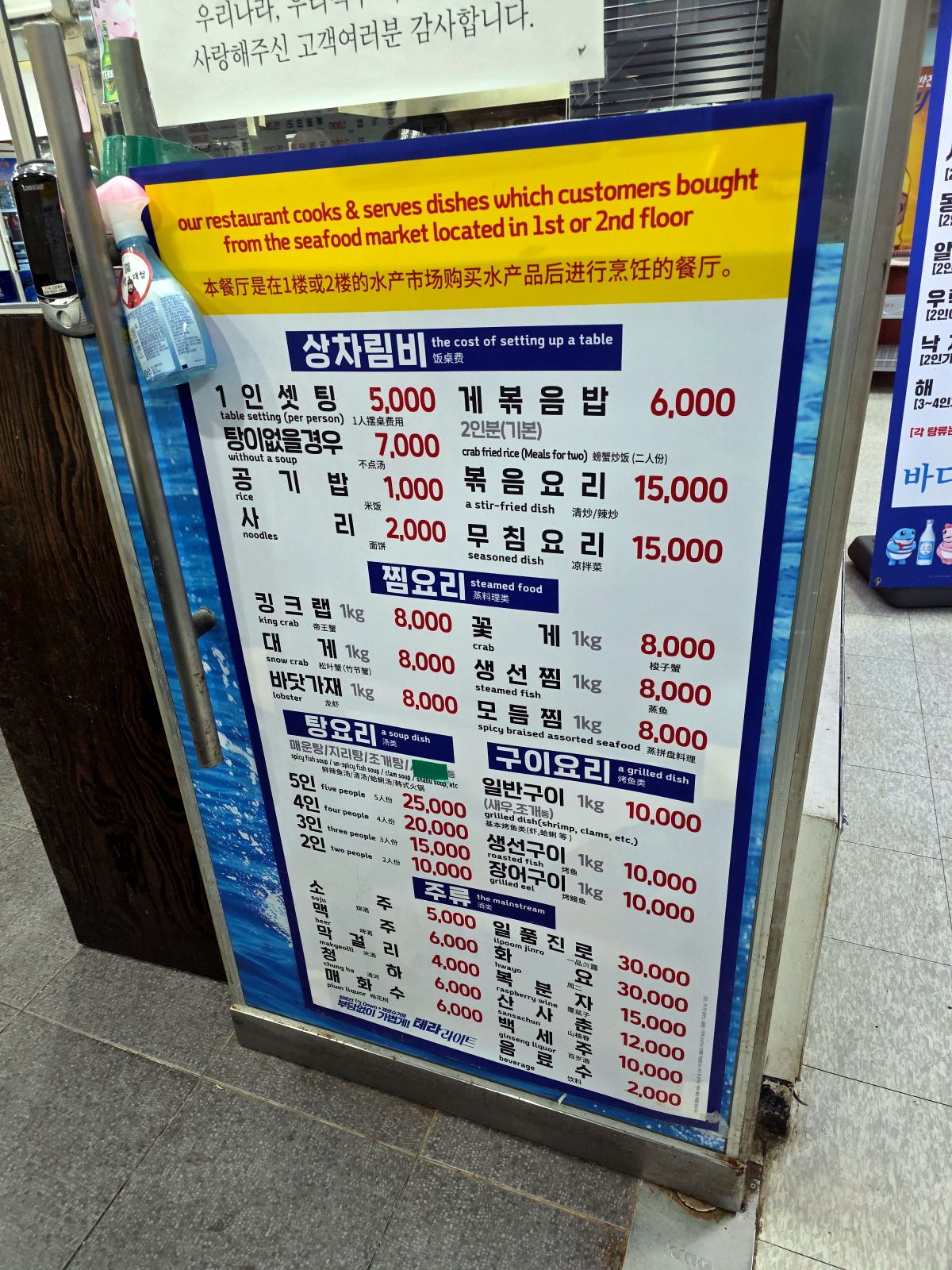 Restaurant price board at second-floor chojang restaurant Seoul fish market Noryangjin
