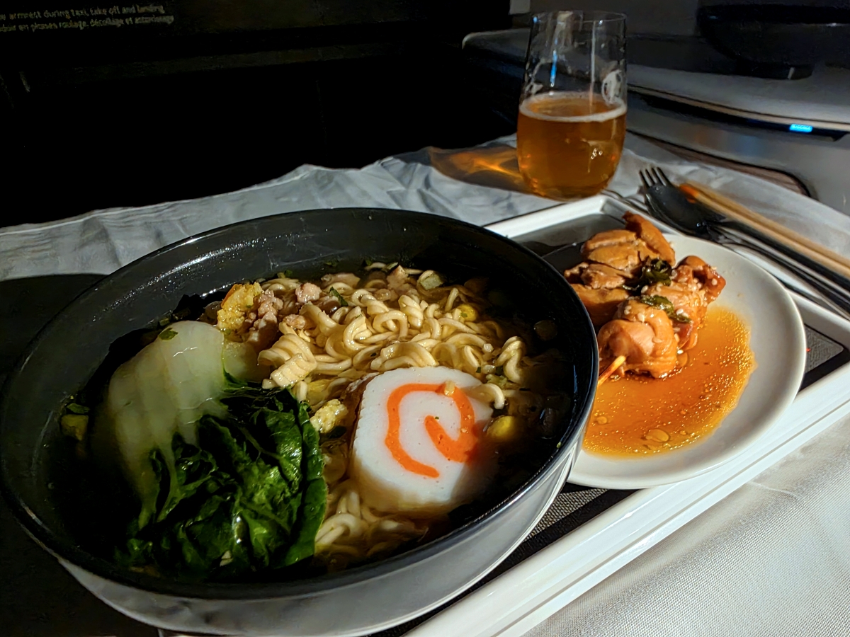 Midflight ramen snack in Air Canada Business Class
