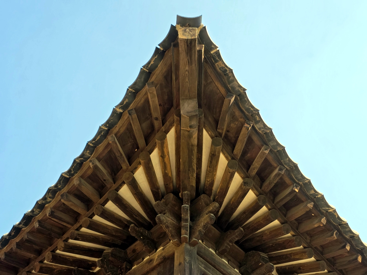 Wooden eaves of a traditional Korean Hanok roof