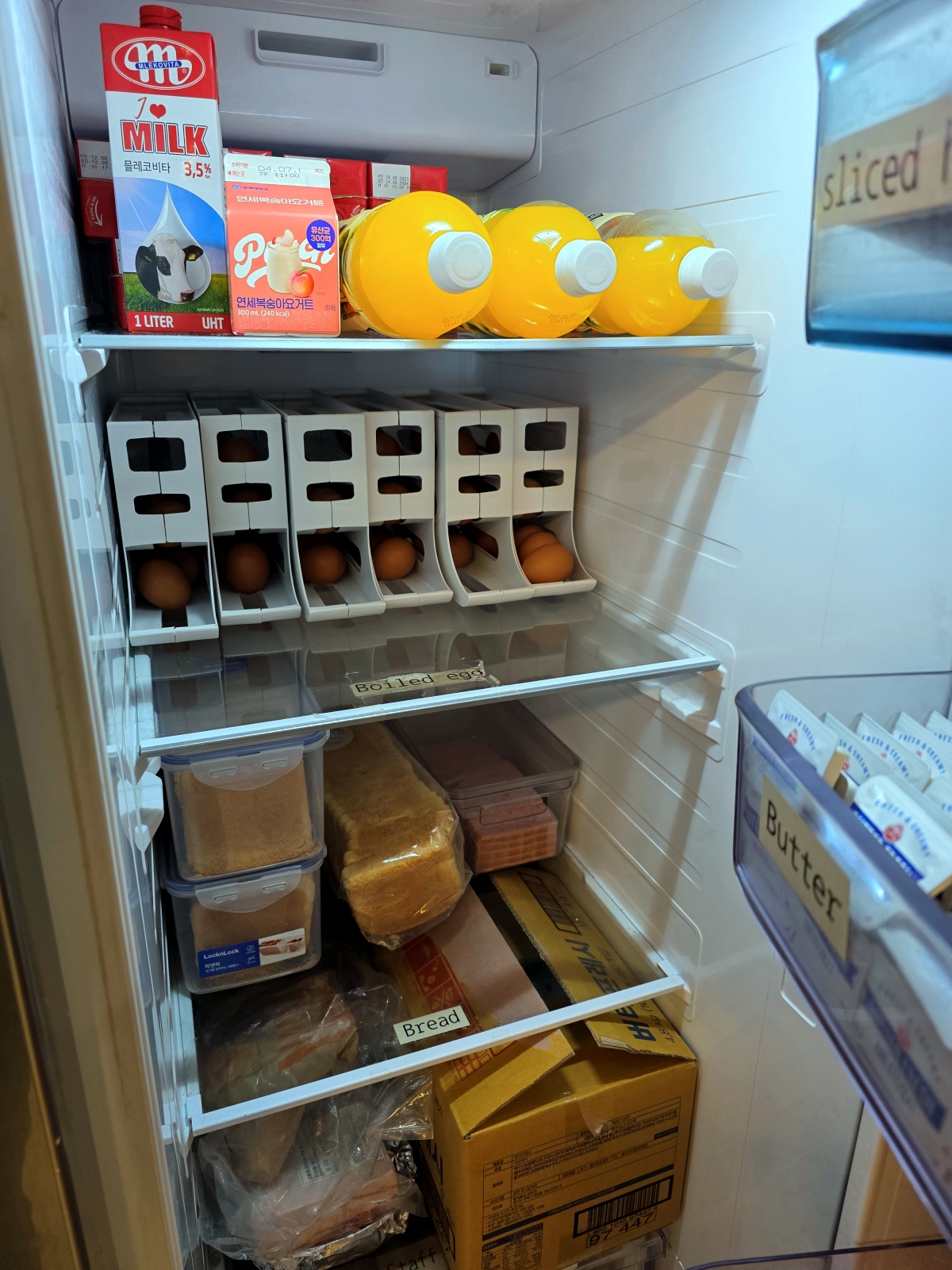 Breakfast fridge with ingredients at The Cube Hotel Myeongdong