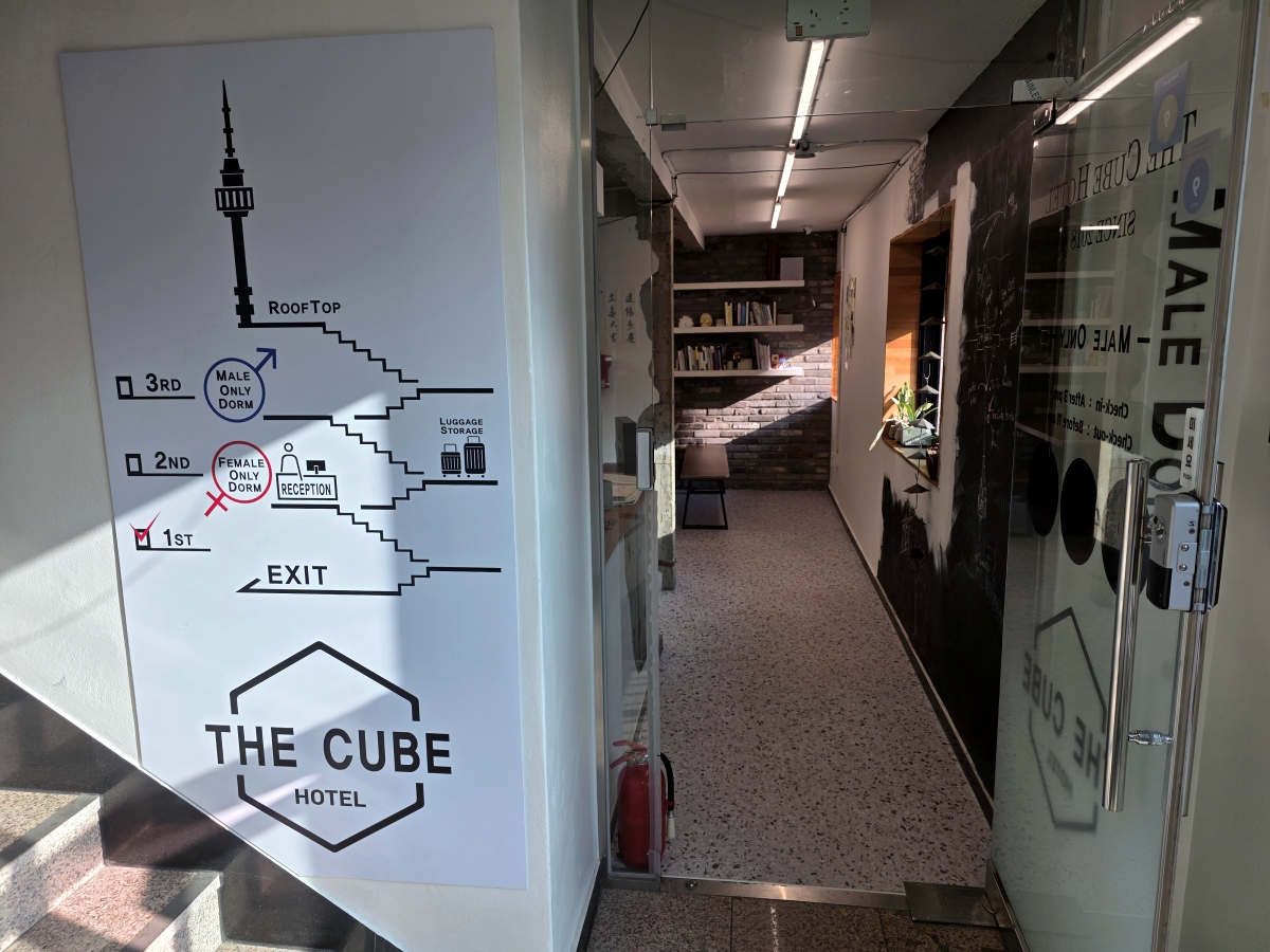 Entrance to male capsule room on the 3rd floor at The Cube Hotel Myeongdong