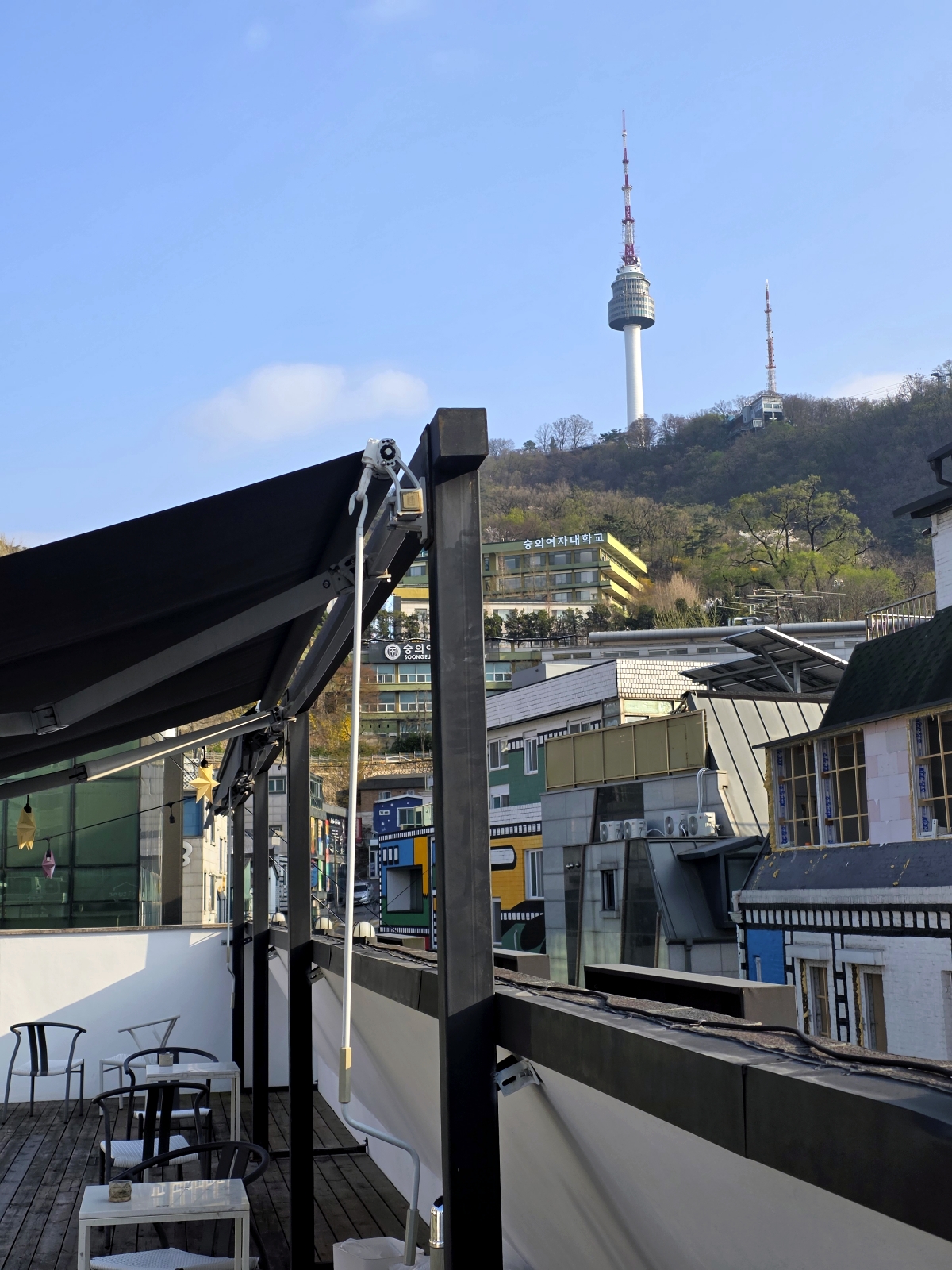 N Seoul Tower view from rooftop terrace at The Cube Hotel Myeongdong