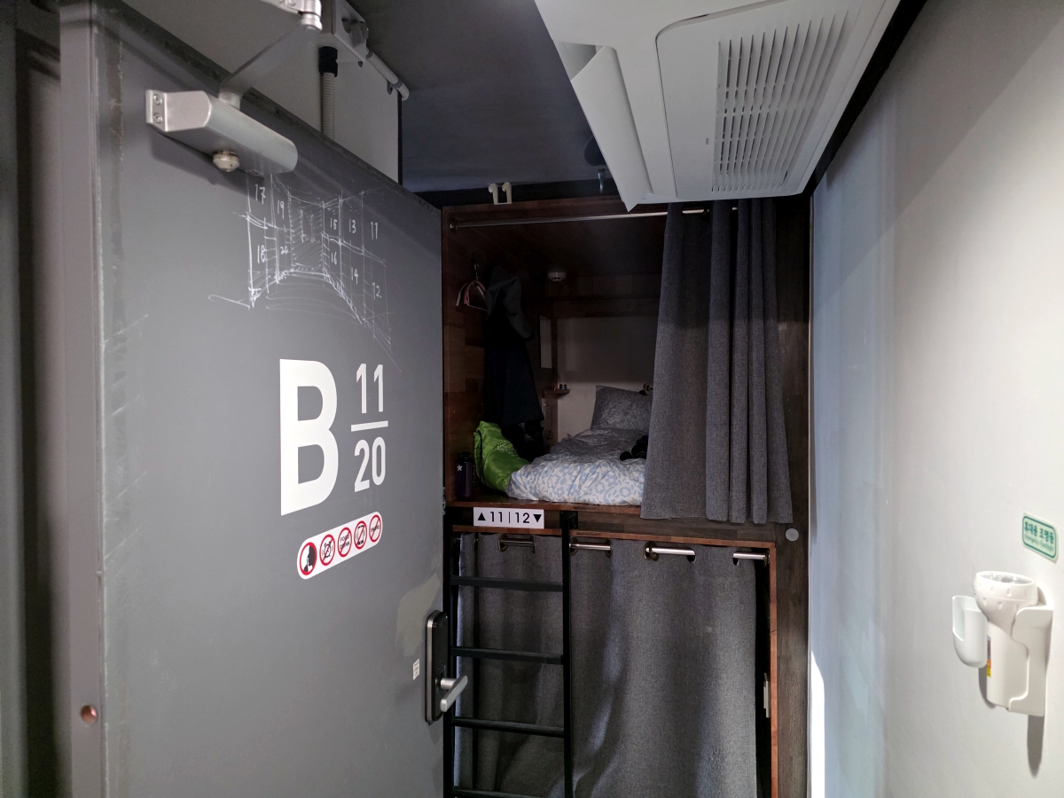 Entrance to B capsule room at The Cube Hotel Myeongdong